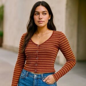 Garage P/S Striped Ribbed Button Front Long Sleeve Top Red Yellow‎ Scoop Neck